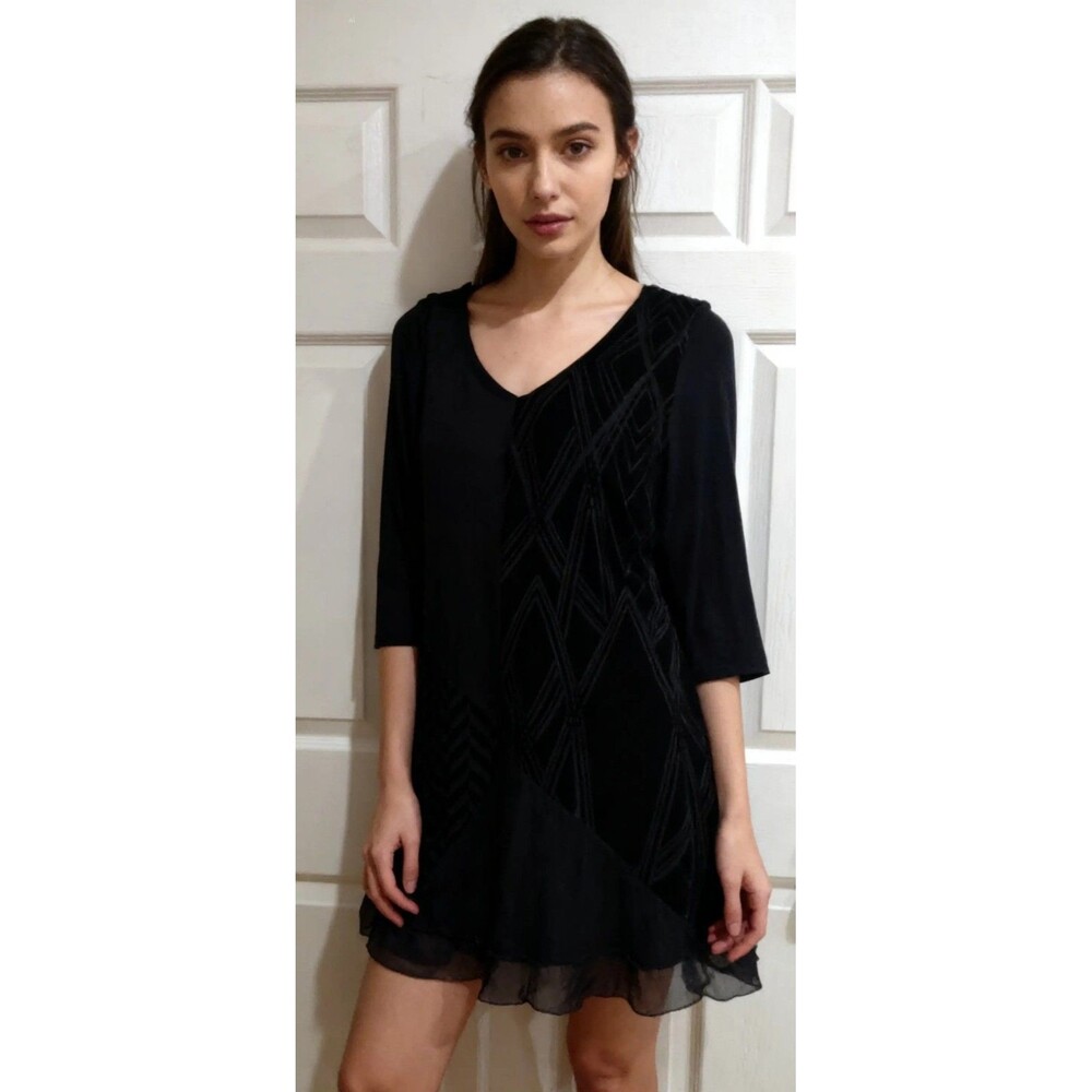 Style & Co. Black Velvet Geometric V-Neck 3/4 Sleeve Shift Knee Dress L
